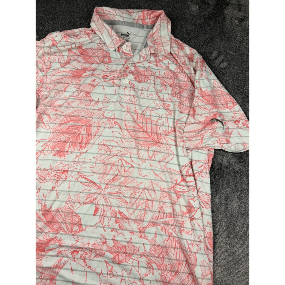 Puma Golf Shirt Mens Large White Red Tropical Floral Stripe Short Sleeve Polo